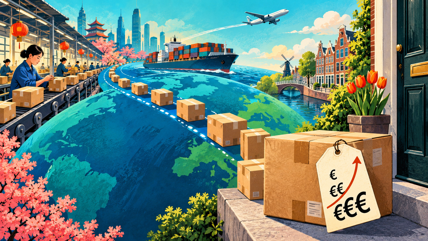 Illustratie van pakketjes die vanuit China onderweg zijn naar een Nederlandse voordeur